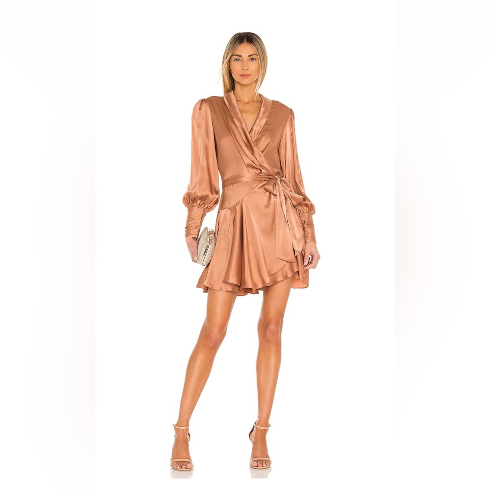 Zimmerman silk wrap mini dress in biscuit.